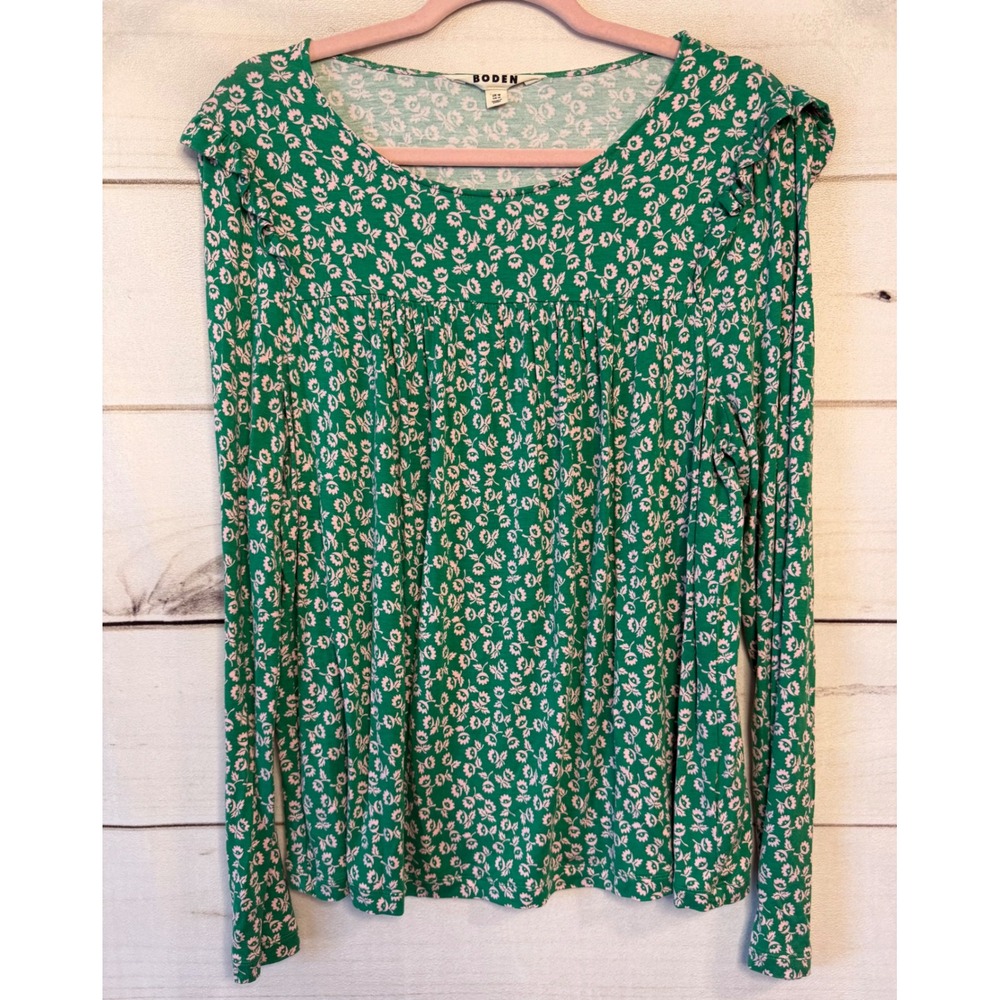Boden Green Floral Ruffle Shoulder Long Sleeve Top T1562 US 12